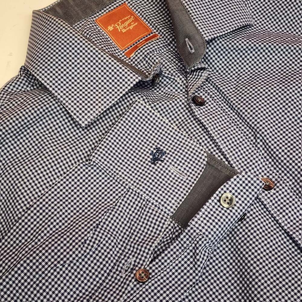 Penguin Mens Slim Fit Gingham Check Long Sleeve Button Up Dress Shirt